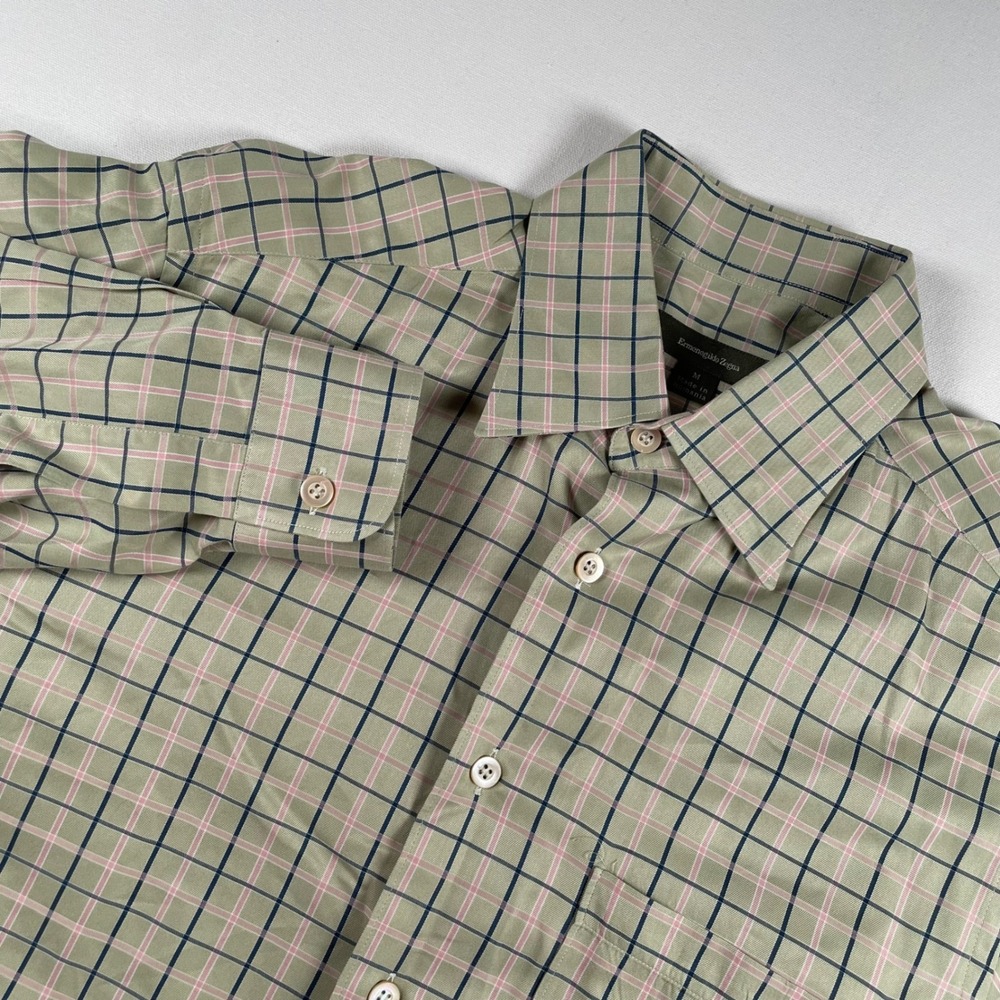 Ermenegildo Zegna Mens Plaid Checkered Long Sleeve Button Down Shirt Light Green